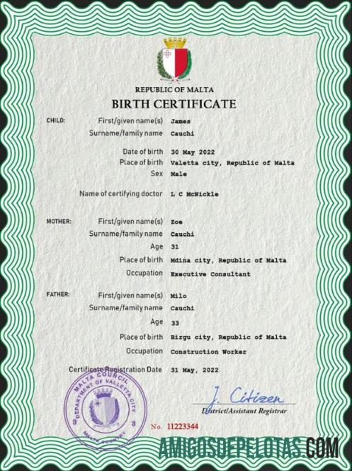 Imprimível modelo PSD de certidão de nascimento de registro vital de Malta